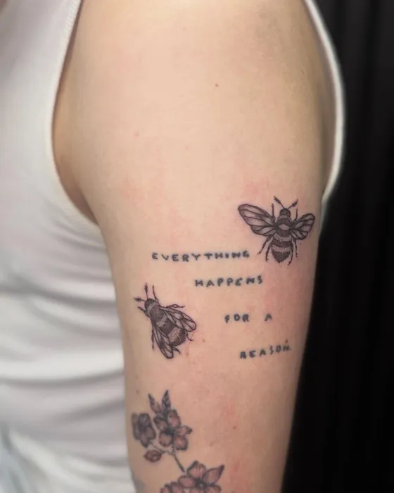 Little bees & script, tattooed by Lucy at Inkwell Tattoo Studio, Blaydon
