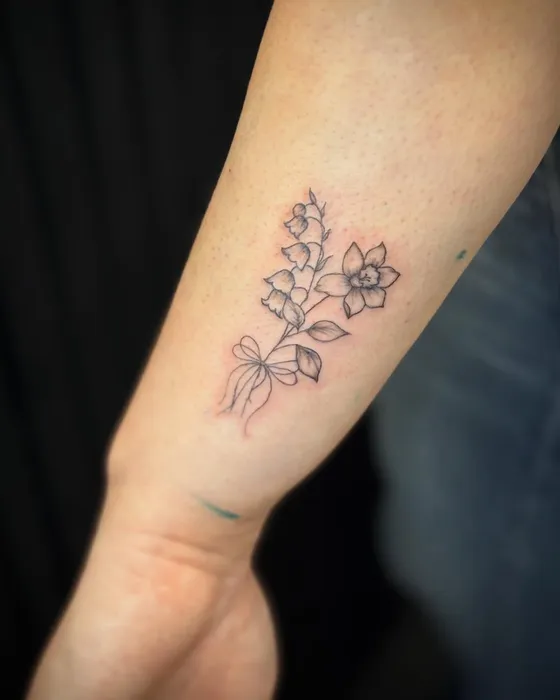 Birth-flower bouquet, tattooed by Lucy at Inkwell Tattoo Studio, Blaydon