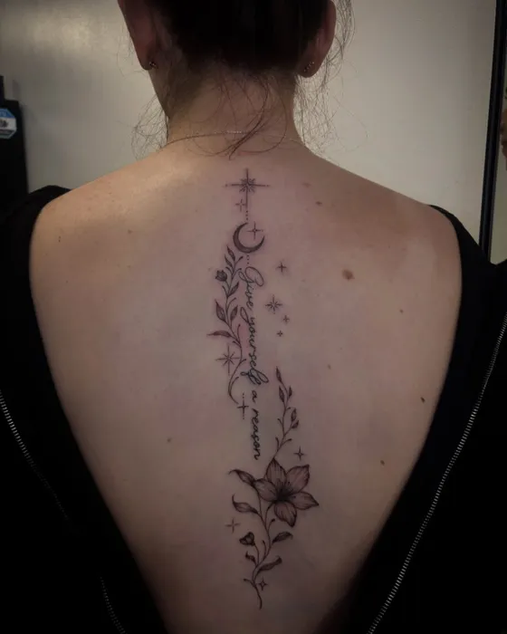 Floral spine, celestial, tattooed by Lucy at Inkwell Tattoo Studio, Blaydon