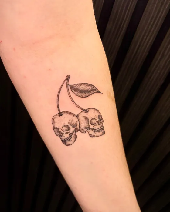 Cherry skulls, tattooed by Lucy at Inkwell Tattoo Studio, Blaydon