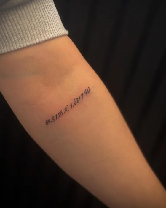 Coordinates, tattooed by Lucy at Inkwell Tattoo Studio, Blaydon