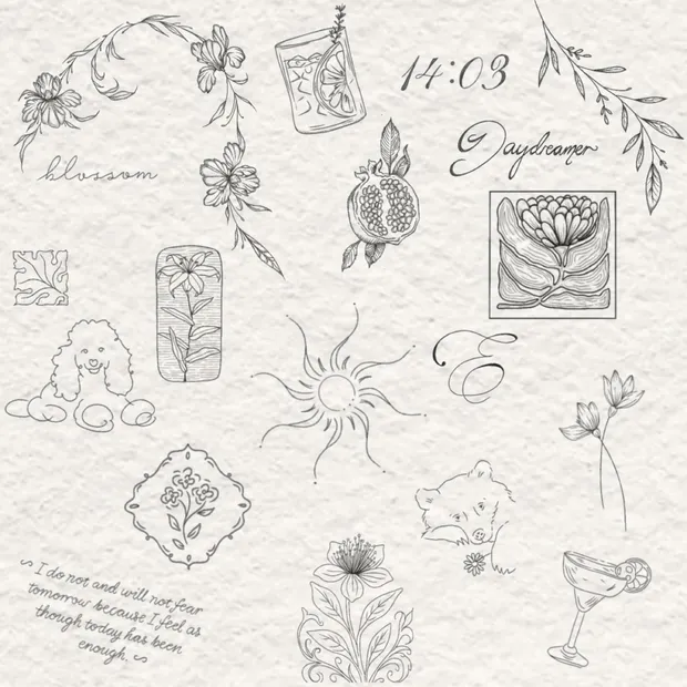 A page of Lucy’s small fine-line designs on textured paper, the kind of first tattoo many people start with