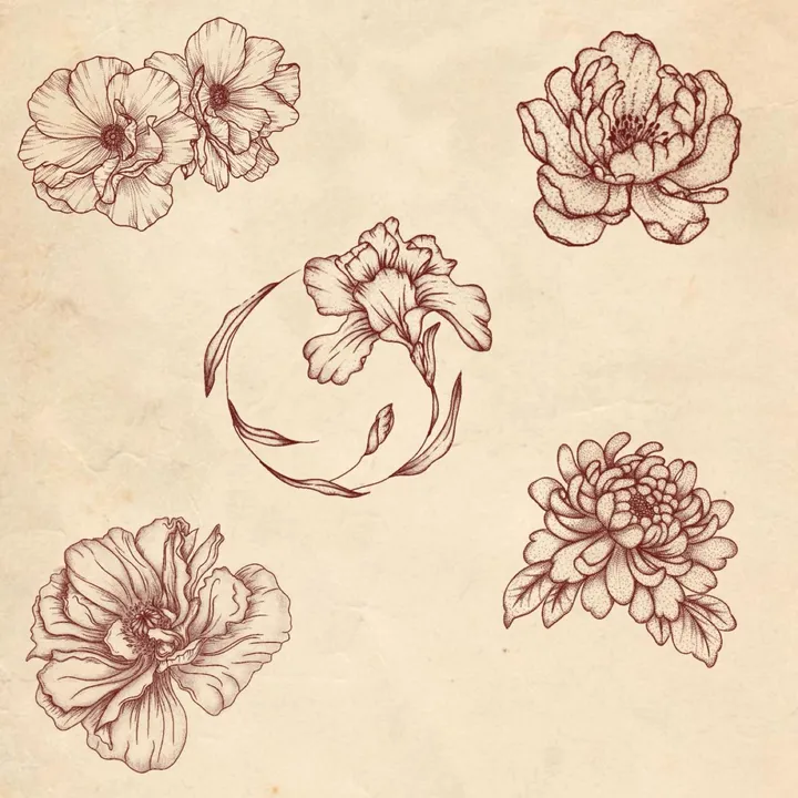 A sheet of hand-drawn floral flash designs by Lucy, on textured paper