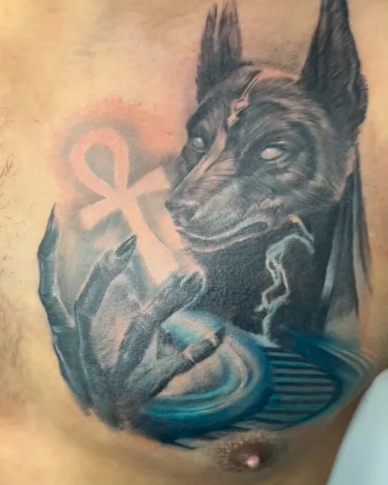 Anubis chest piece, tattooed by Luke at Inkwell Tattoo Studio, Blaydon