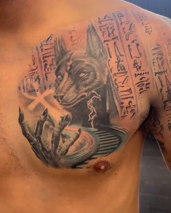 Egyptian chest & sleeve, tattooed by Luke at Inkwell Tattoo Studio, Blaydon