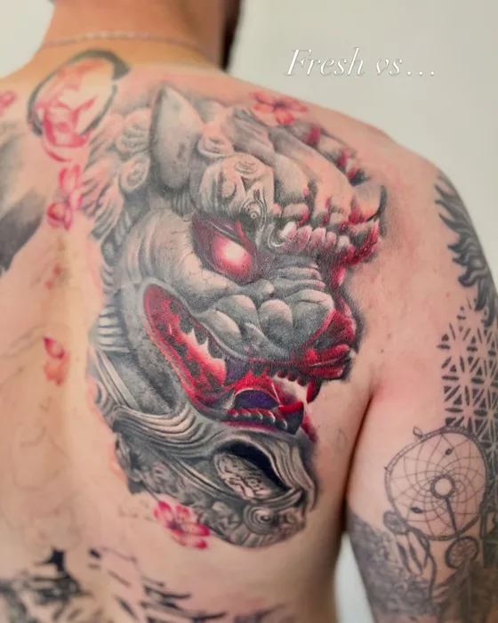 Foo dog backpiece, tattooed by Luke at Inkwell Tattoo Studio, Blaydon