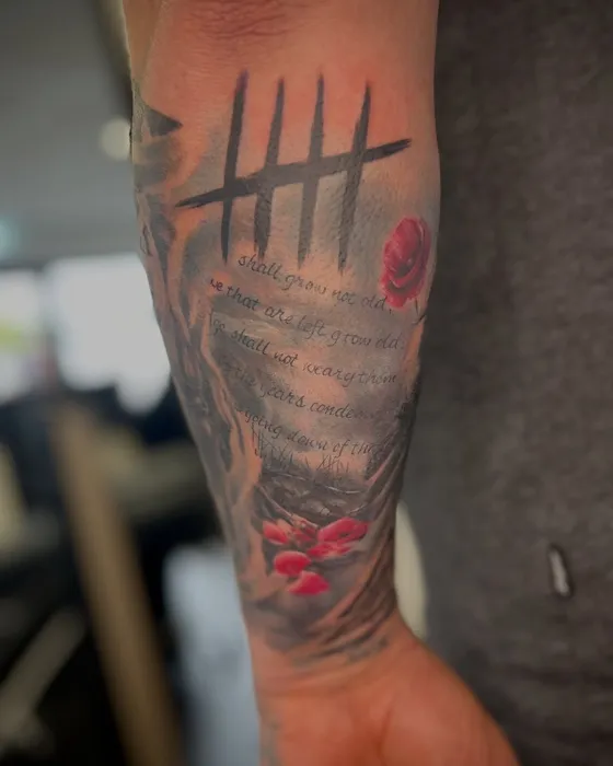 “For the Fallen” poppy sleeve, tattooed by Luke at Inkwell Tattoo Studio, Blaydon