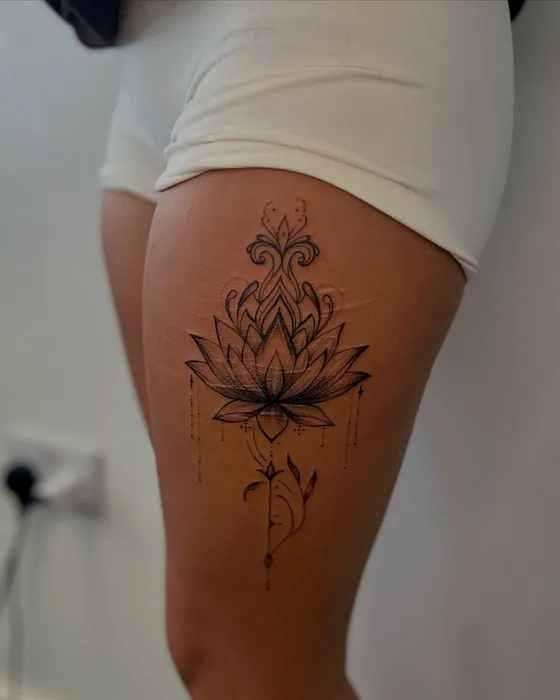 Lotus mandala, thigh, tattooed by Luke at Inkwell Tattoo Studio, Blaydon