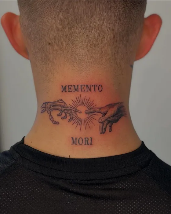 Memento Mori, neck, tattooed by Luke at Inkwell Tattoo Studio, Blaydon