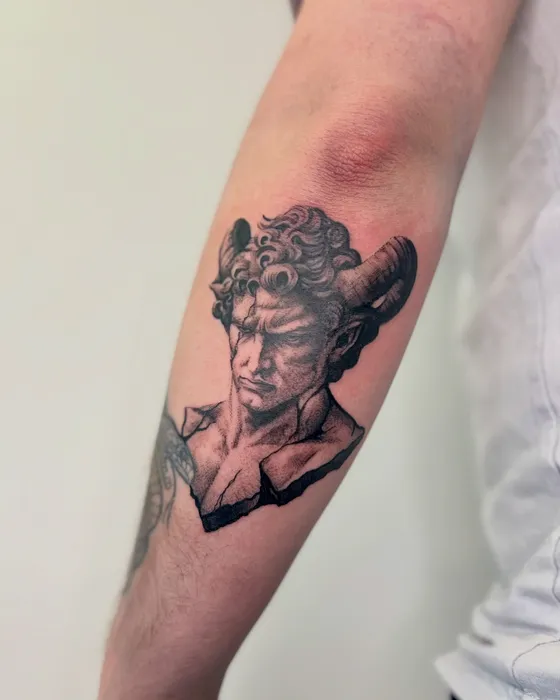 Mythology bust, stippled, tattooed by Luke at Inkwell Tattoo Studio, Blaydon