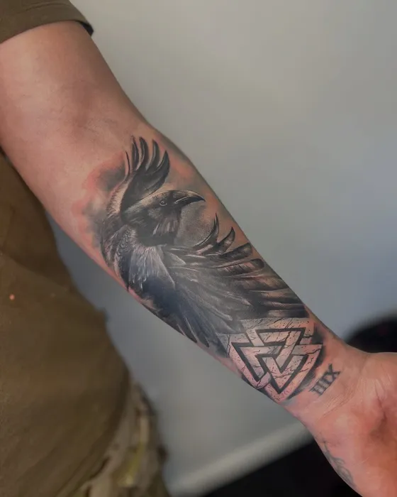 Nordic raven cover-up, tattooed by Luke at Inkwell Tattoo Studio, Blaydon