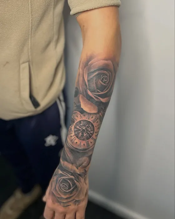 Rose & compass sleeve, tattooed by Luke at Inkwell Tattoo Studio, Blaydon
