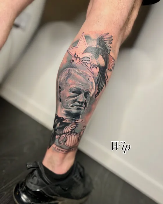 Sir Bobby Robson, work in progress, tattooed by Luke at Inkwell Tattoo Studio, Blaydon