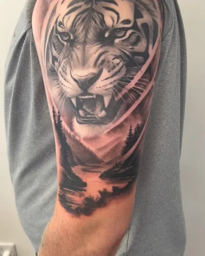 Tiger & mountain scenery, greywash, by Luke