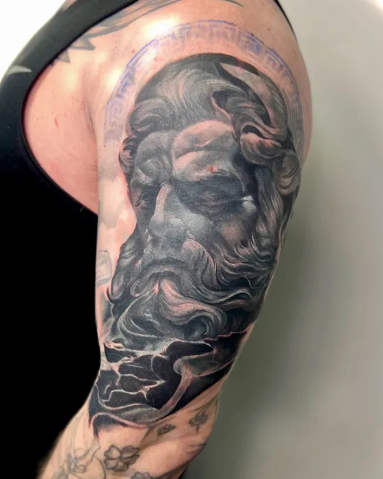 Zeus, grey-opaque cover-up, tattooed by Luke at Inkwell Tattoo Studio, Blaydon