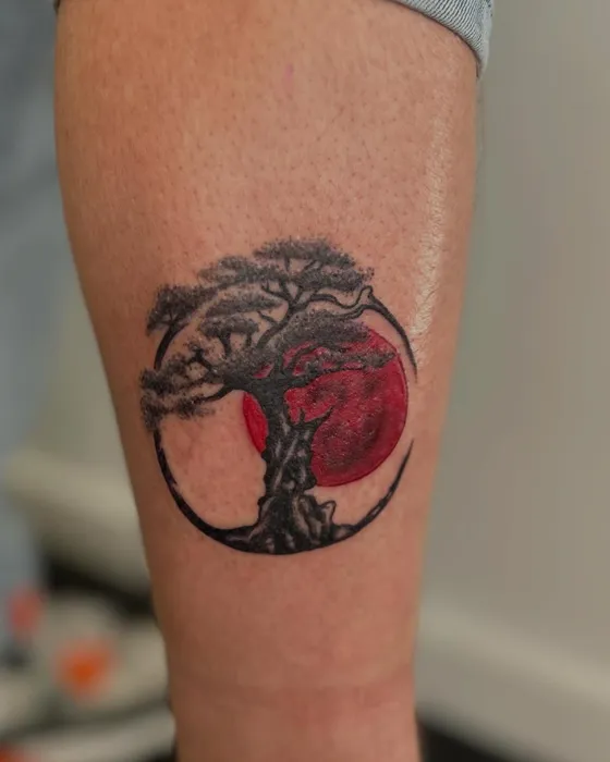 Japanese bonsai, red sun, tattooed by Tabitha at Inkwell Tattoo Studio, Blaydon