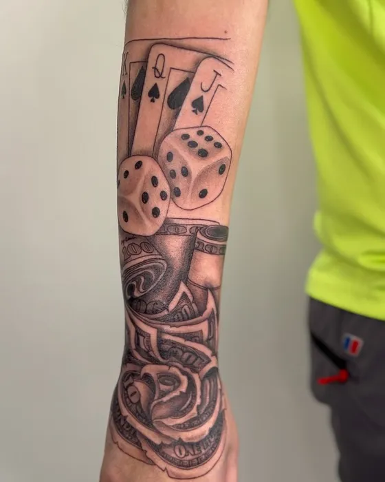 Dice & cards half sleeve, tattooed by Tabitha at Inkwell Tattoo Studio, Blaydon