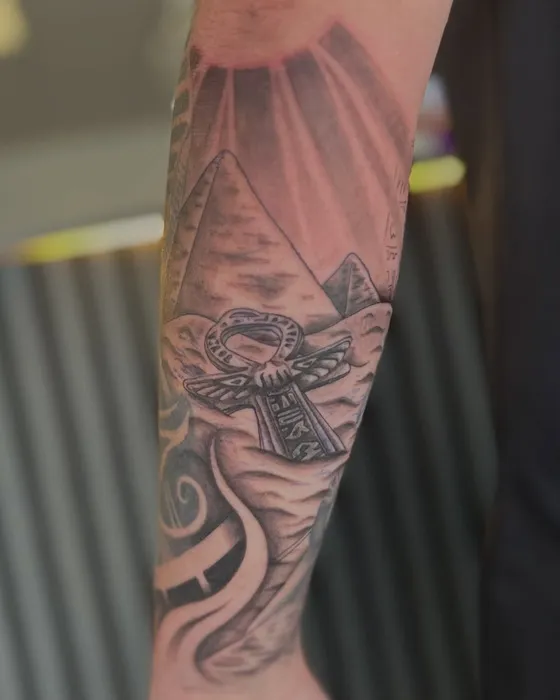 Egyptian sleeve, pyramids, tattooed by Tabitha at Inkwell Tattoo Studio, Blaydon