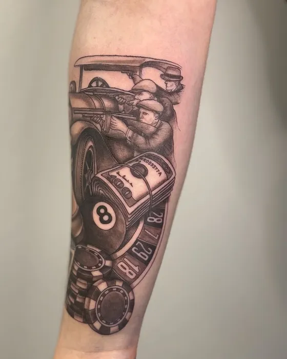 Eight-ball & hot rod sleeve, tattooed by Tabitha at Inkwell Tattoo Studio, Blaydon