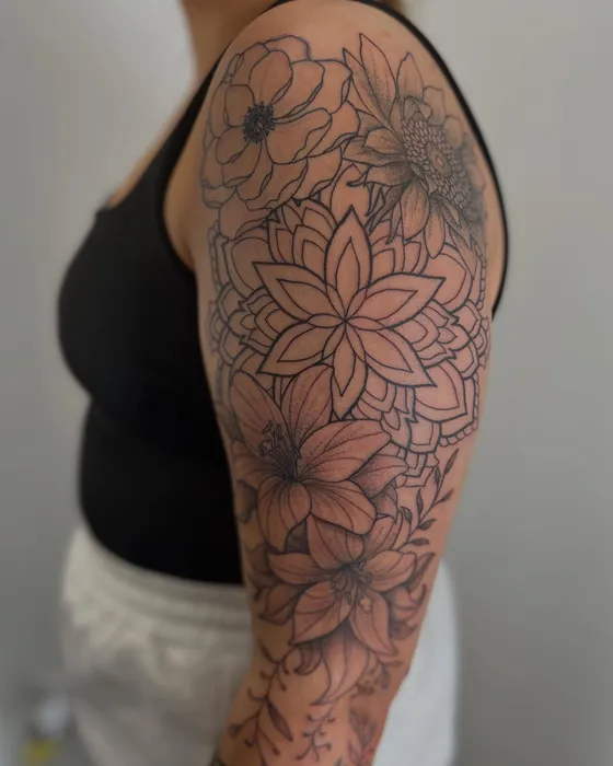Floral mandala sleeve, tattooed by Tabitha at Inkwell Tattoo Studio, Blaydon