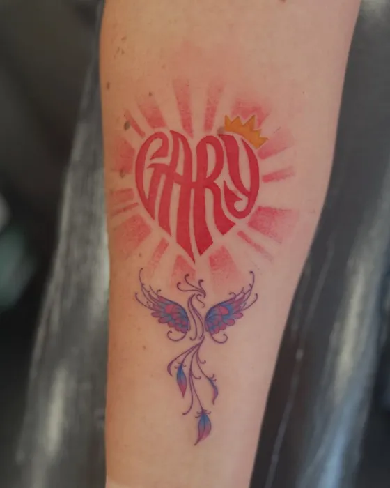 Heart & phoenix, colour, tattooed by Tabitha at Inkwell Tattoo Studio, Blaydon