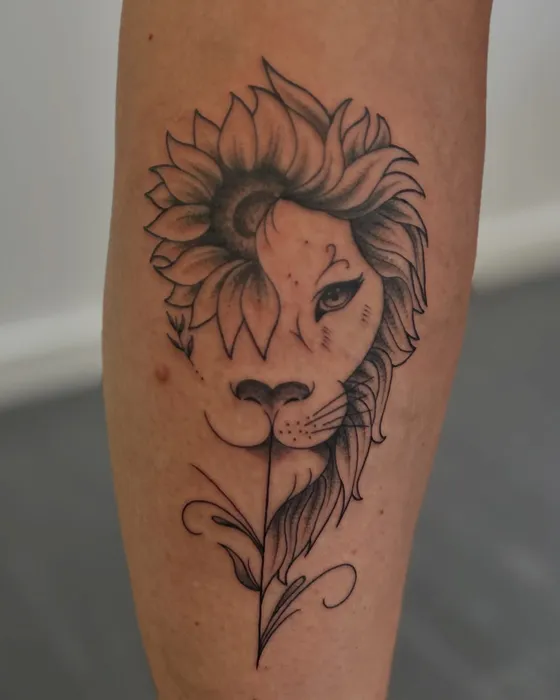 Half lion, half sunflower, tattooed by Tabitha at Inkwell Tattoo Studio, Blaydon