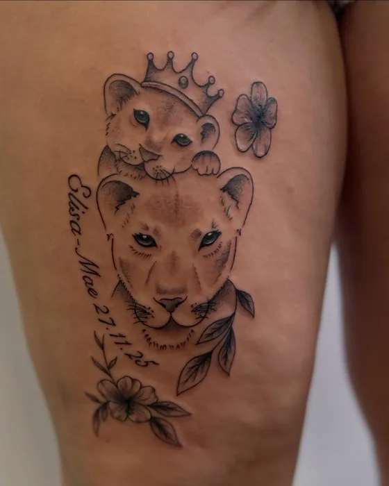 Lioness & cub, tattooed by Tabitha at Inkwell Tattoo Studio, Blaydon