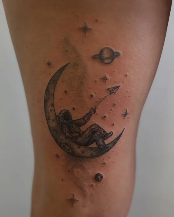 Moon & planets patchwork, tattooed by Tabitha at Inkwell Tattoo Studio, Blaydon