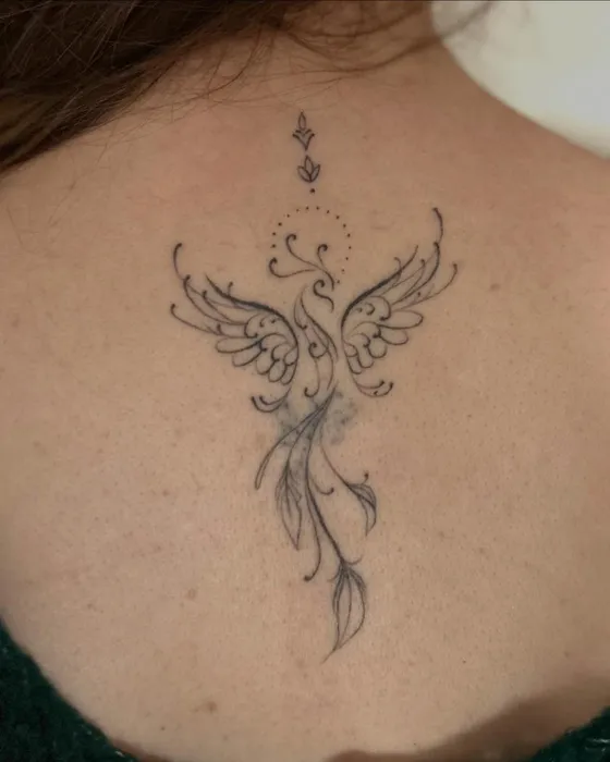 Phoenix back piece, healed, tattooed by Tabitha at Inkwell Tattoo Studio, Blaydon