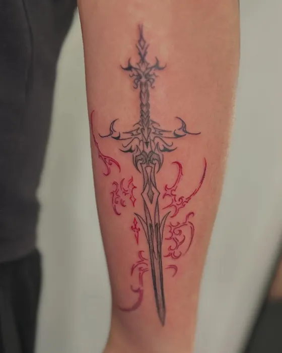Sigilism sword in red, tattooed by Tabitha at Inkwell Tattoo Studio, Blaydon