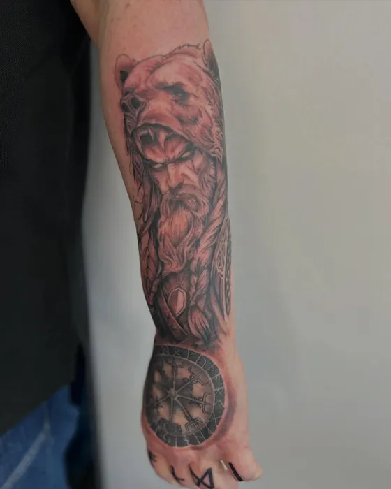 Viking bear, tattooed by Tabitha at Inkwell Tattoo Studio, Blaydon